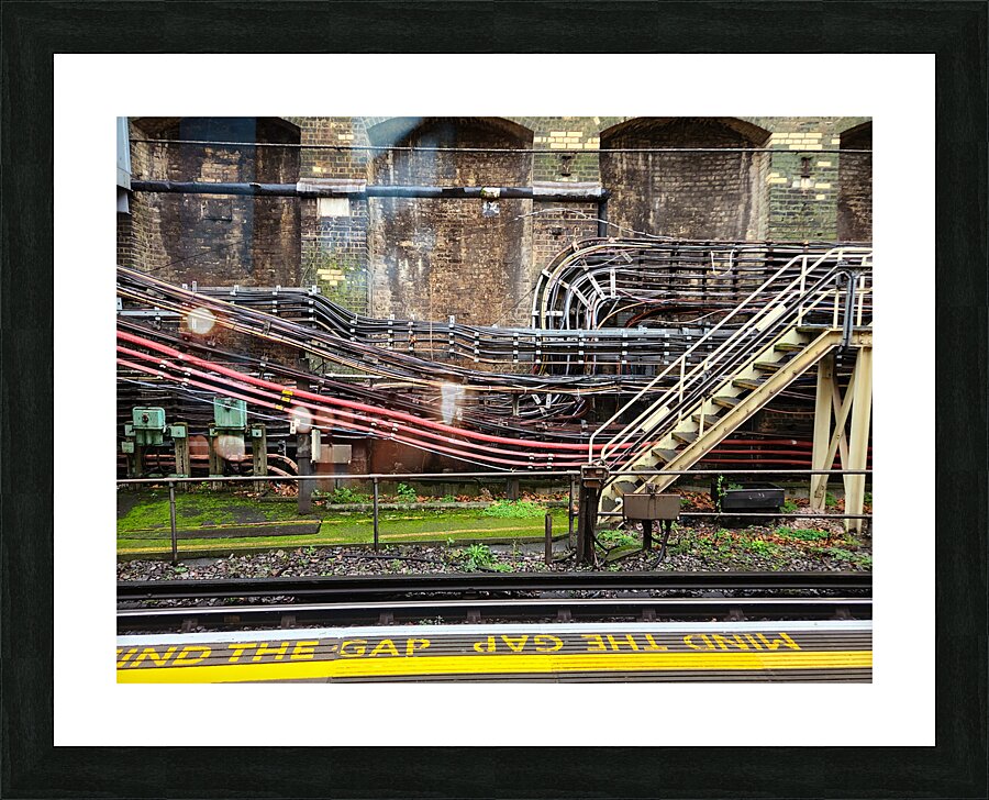 London Tube station with electrical conduits wiring and stairway Picture Frame print