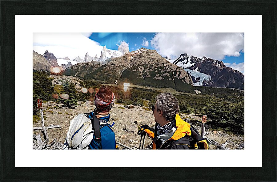 Fitz Roy Massif and Glacier Piedras Blancas behind explorers Picture Frame print