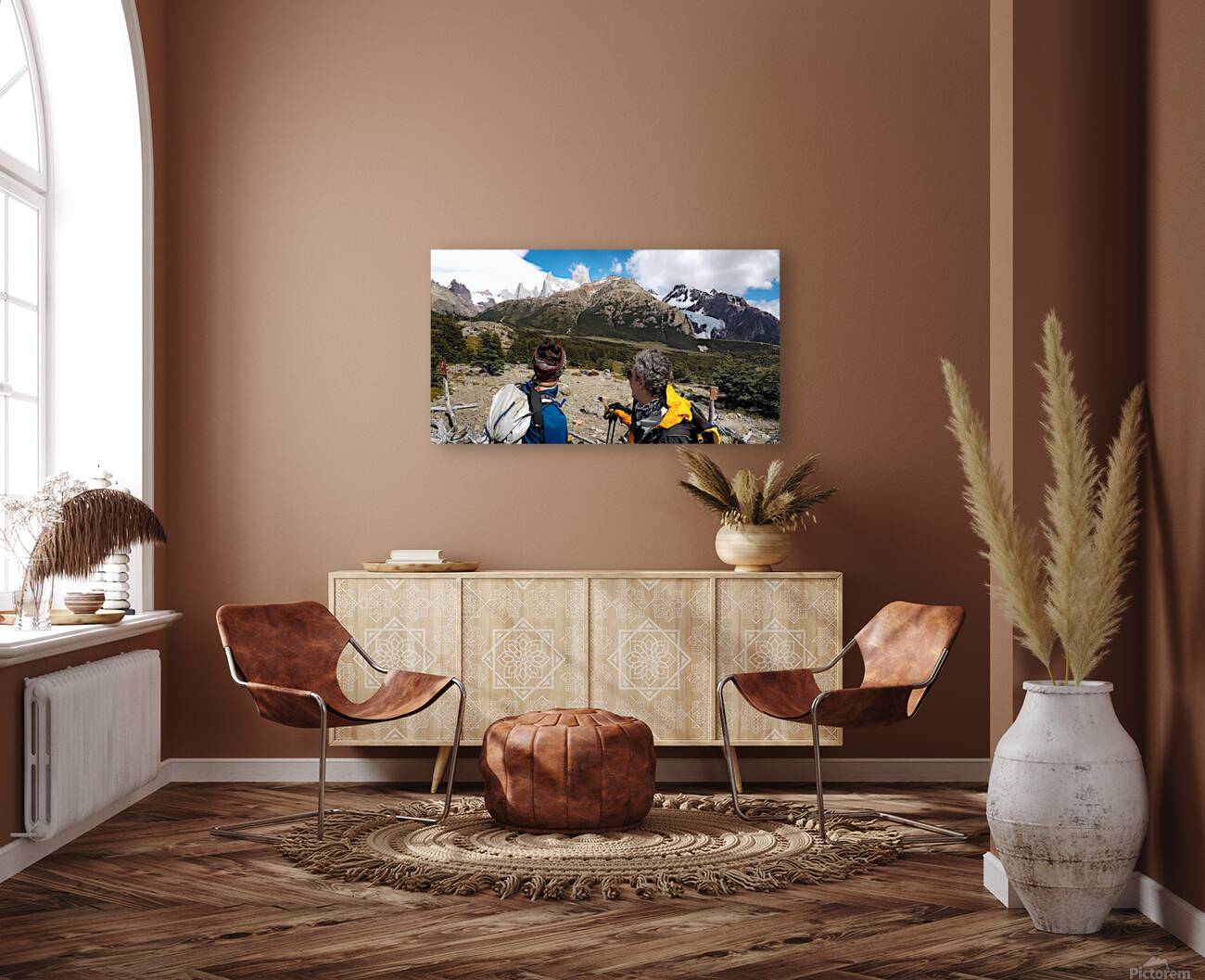 Fitz Roy Massif and Glacier Piedras Blancas behind explorers Reproduction