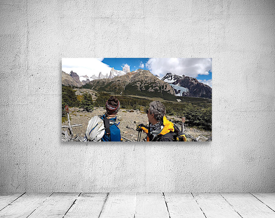 Fitz Roy Massif and Glacier Piedras Blancas behind explorers Wall Preview