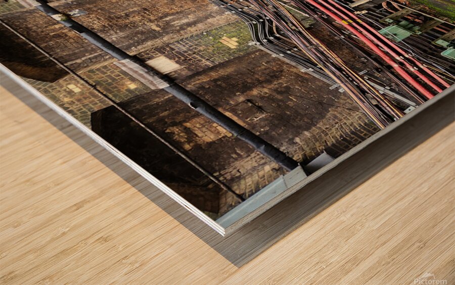 London Tube station with electrical conduits wiring and stairway Wood print