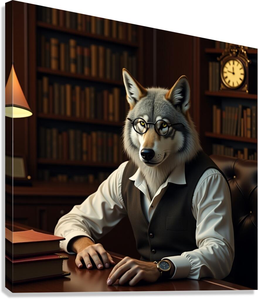  A wise and aged wolf anthropomorphized Canvas Print