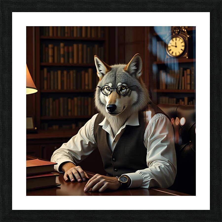  A wise and aged wolf anthropomorphized Picture Frame print