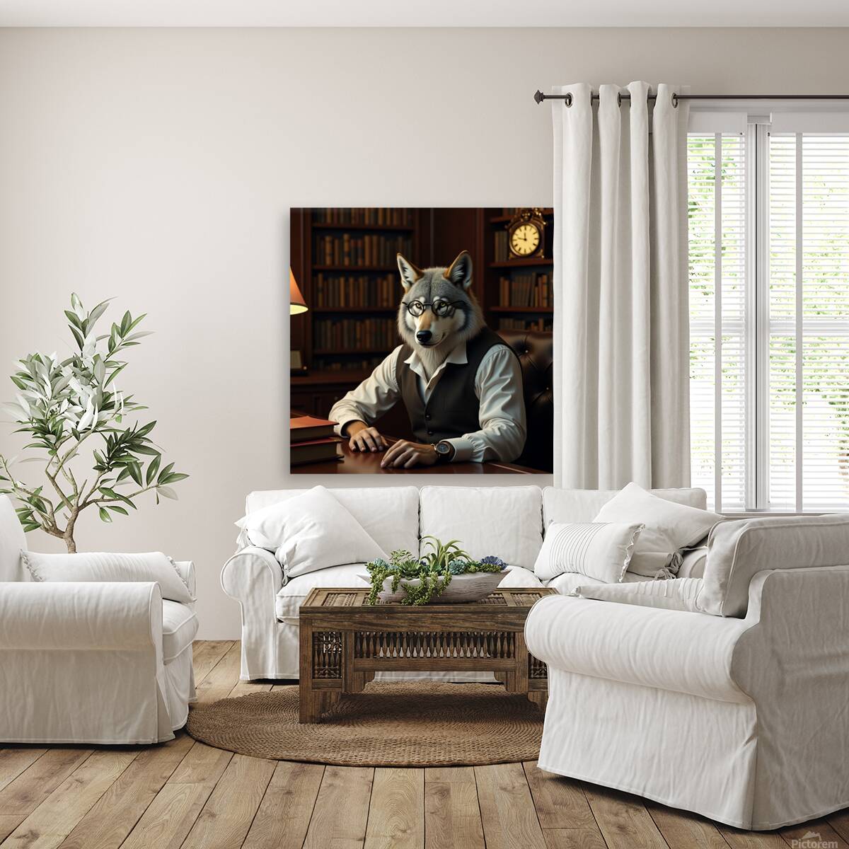  A wise and aged wolf anthropomorphized Reproduction