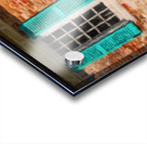 Painting of blue shutters against a white painted brick wall in  Acrylic print