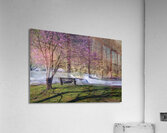 Wooden bench view of Valley Falls on spring morning Acrylic Print