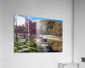 Bench view of Valley Falls on a bright spring morning Acrylic Print