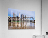 Columbus Ohio waterfront skyline behind railroad truss bridge Impression acrylique