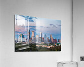 Distant view of Harvest moon in the Austin skyline at sunset Acrylic Print