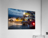 Two vintage cars racing to railroad crossing Acrylic Print