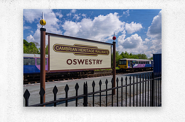 Oswestry railway station sign in Shropshire  Metal print