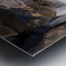 Pebbles balanced on rocks in raging river illustrating resilienc Metal print