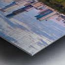 Aerial view of the Austin skyline at sunset over Barton Springs. Impression metal