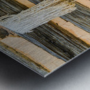 Old rake and mop against log cabin Metal print