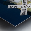 Oncoming train with railroad crossing sign Metal print