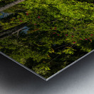 Red canoe on dock reflecting into calm lake or pond in garden Metal print