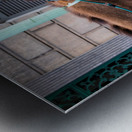 Portrait of horse pulling carriage with black dog on sidewalk Metal print