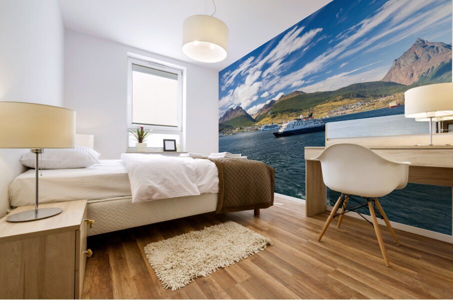 Hebredian Sky expedition cruise ship at anchor in Ushuaia Mural print