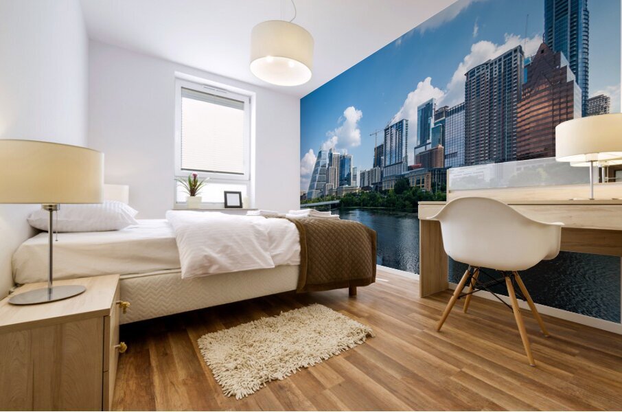 Cityscape of offices in Austin Texas across Lady Bird Lake Mural print