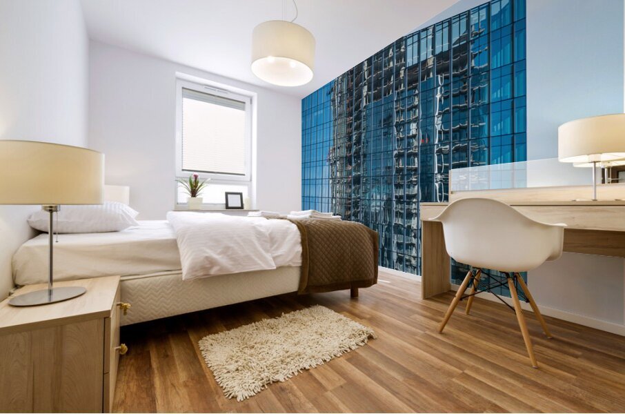 Reflections of other towers in Indeed HQ building in Austin TX Mural print