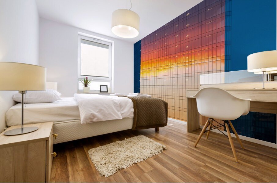 Brilliant sunset reflected in the glass of new office building Mural print