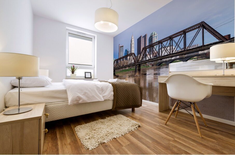 Columbus Ohio waterfront skyline behind railroad truss bridge Impression murale