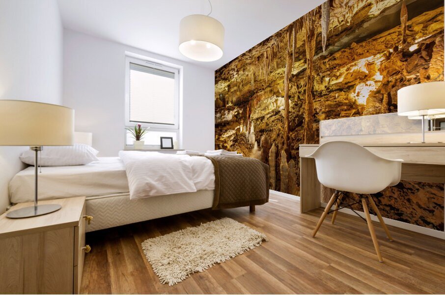 Geologic formations of stalactites and stalagmites in Texas cave Mural print