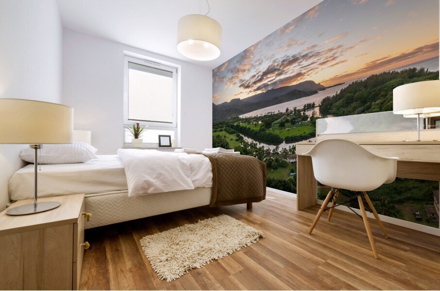 Breathtaking aerial view of sunset over Hanalei Bays verdant la Mural print