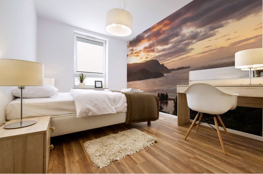 Breathtaking aerial view of sunset over Hanalei Bay landscape in Mural print