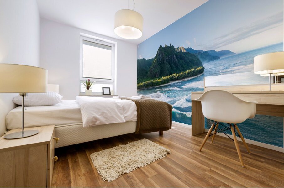 View along Haena beach towards Kee Beach and Na Pali coastline Mural print