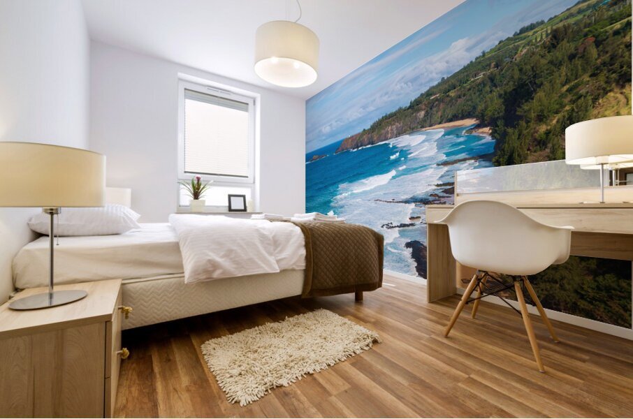 Overhead view of Kauapea or Secret beach to Kilauea lighthouse Mural print