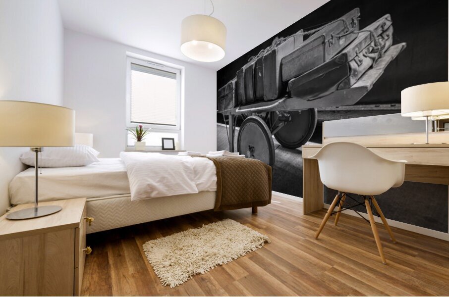 Historic antique luggage cart with retro leather suitcases and t Mural print