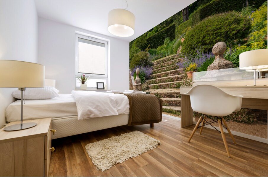 Stone steps into a hedged flower garden on the Isle of Wight Mural print