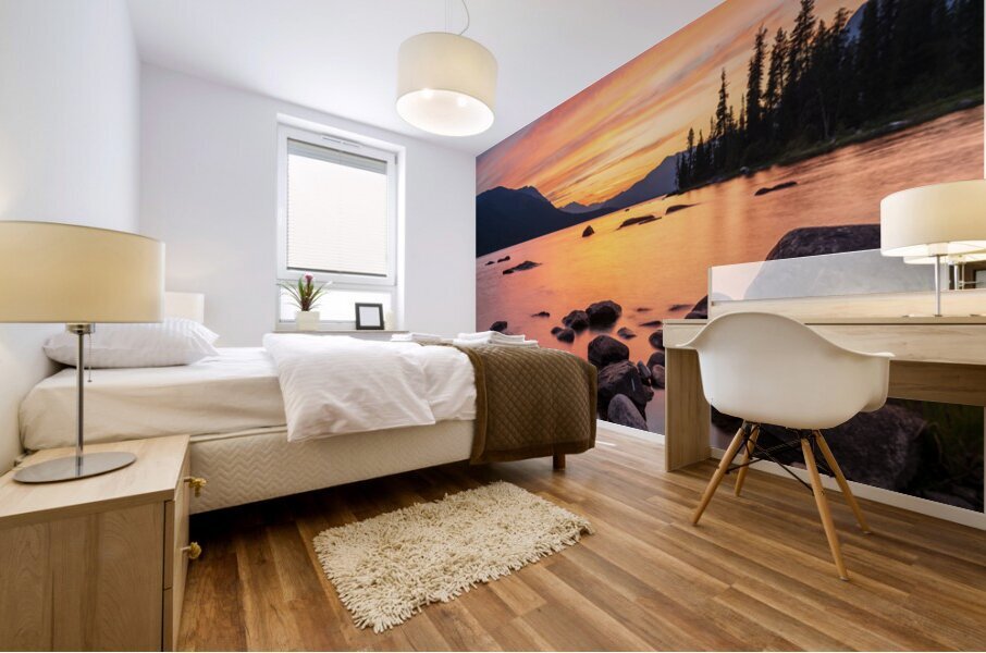 Vibrant sunset over Lake Wenatchee in the Cascade Mountains WA Mural print