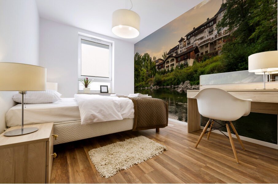 Hotel at dawn by River Wenatchee in Alpine German town of Leaven Mural print