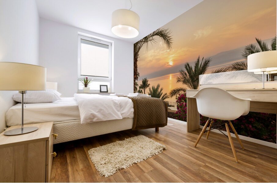 Sun setting behind the West Bank of Israel over Dead Sea Impression murale