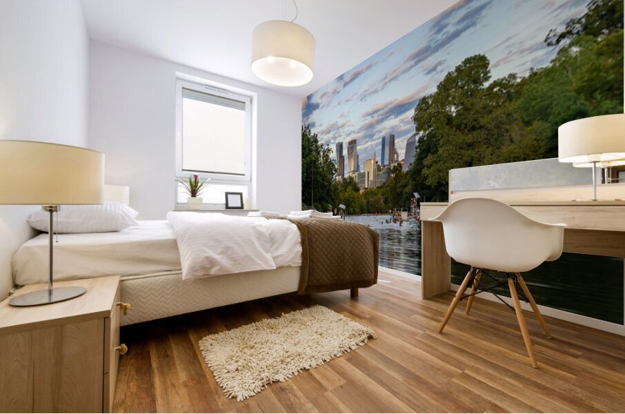 View of the Austin skyline at sunset over Barton Springs swimmin Impression murale