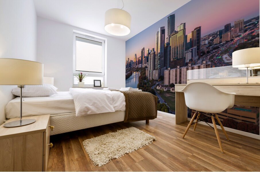 Sunset panorama of Austin Skyline and Rainey district 2026 Mural print