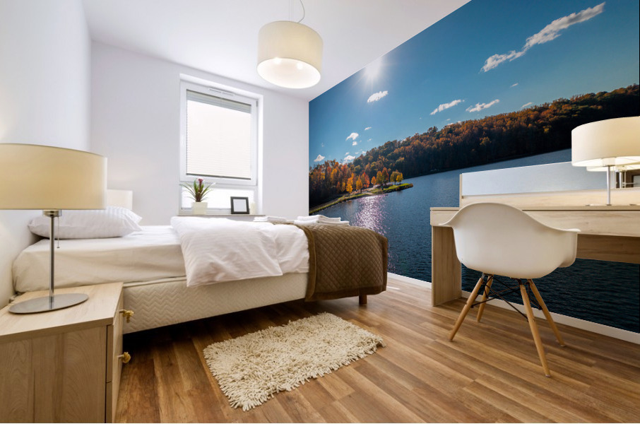 Sunburst above fall trees around the water at Cheat Lake Park Mural print