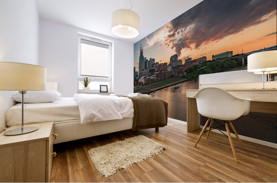 Skyline of Nashville in Tennessee during dramatic sunset over the river Mural print