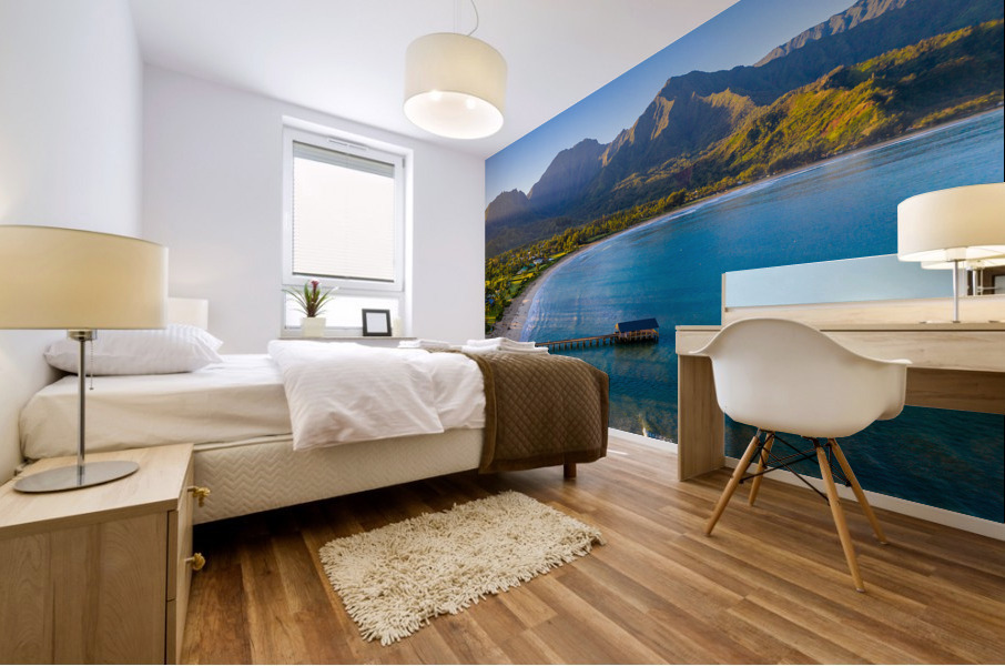 Aerial drone shot of Hanalei bay Mural print