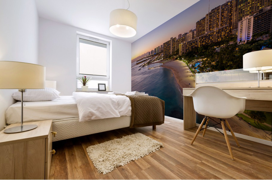 Aerial view of Waikiki beach at sunset Mural print