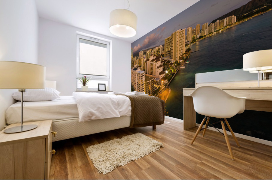 Aerial view of Waikiki beach towards Diamond Head at sunset  Mural print