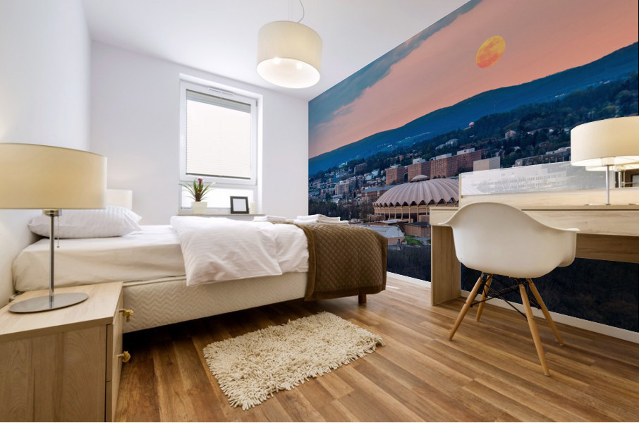 Super pink moon rises above the WVU coliseum on Evansdale campus Mural print