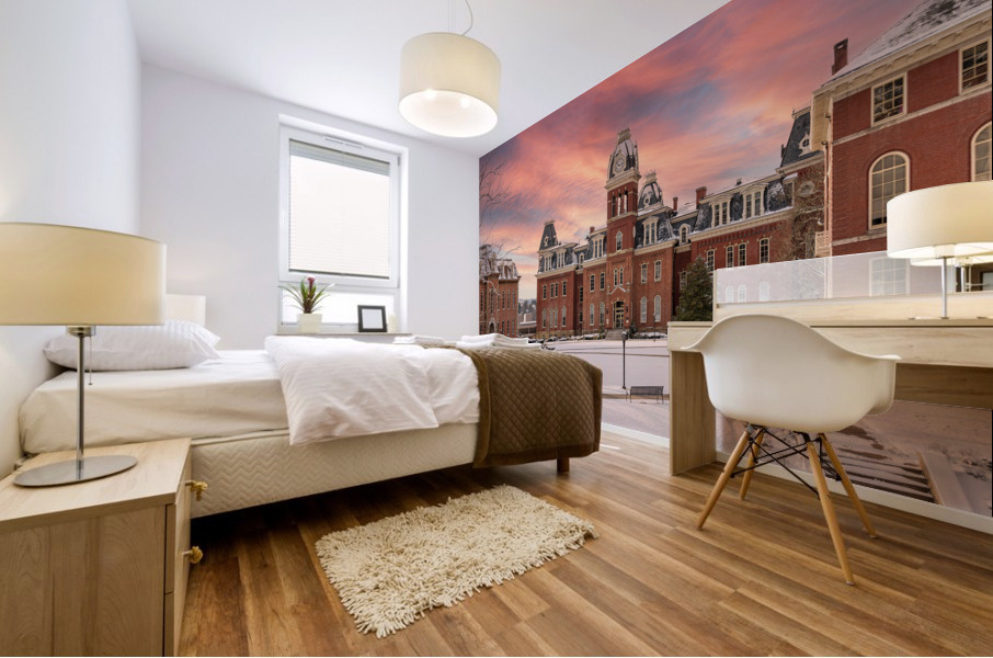 Sunset over snow covered Woodburn Hall at WVU Mural print