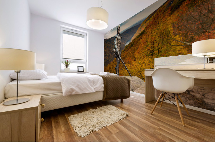 Mountaineer statue from WVU with fall leaves in West Virginia Impression murale