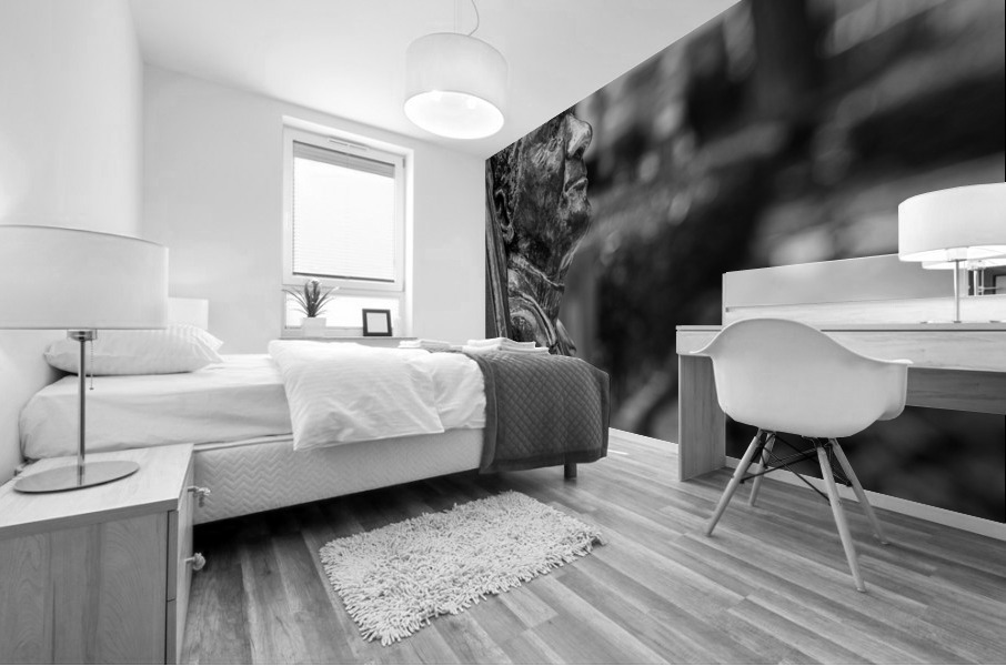 Statue of Lawrence Durrell in Corfu in black and white Mural print