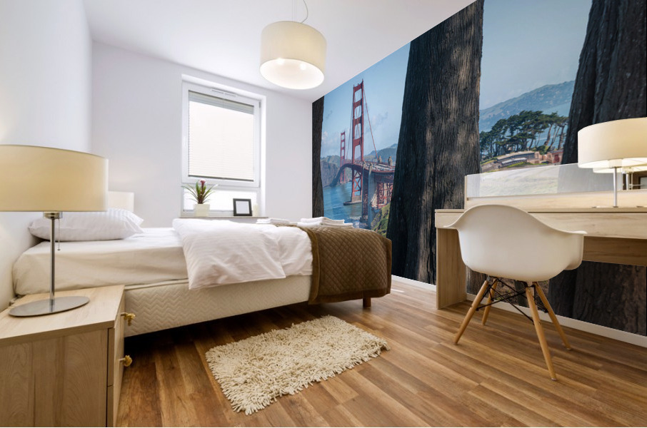 Golden Gate Bridge and tree trunks Mural print