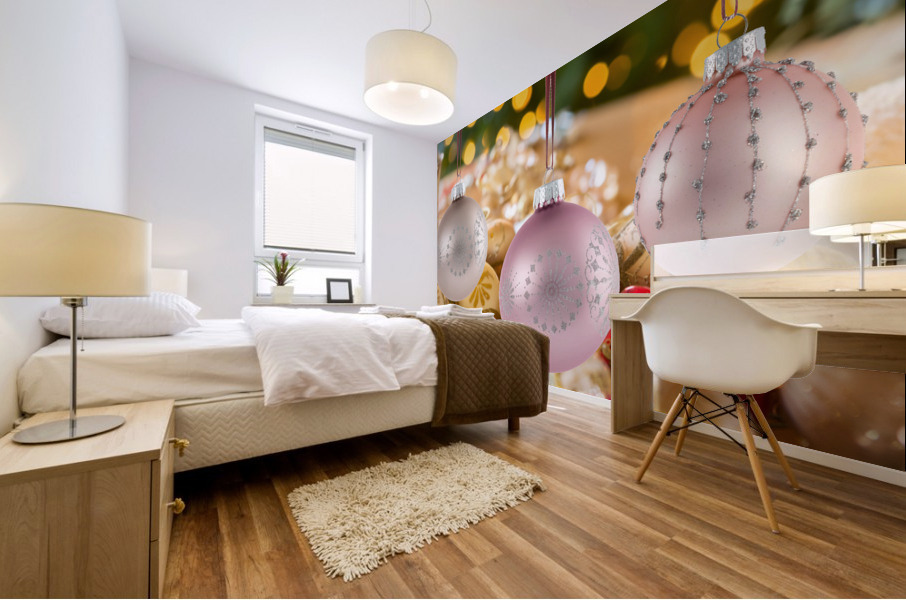 Three Christmas decorations on strings Mural print