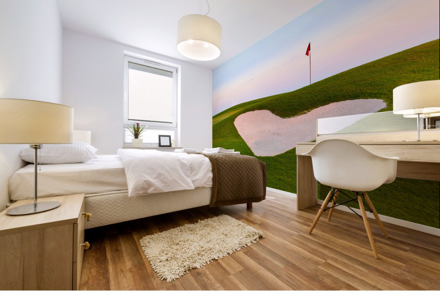 Heart shaped sand bunker in front of golf green Impression murale